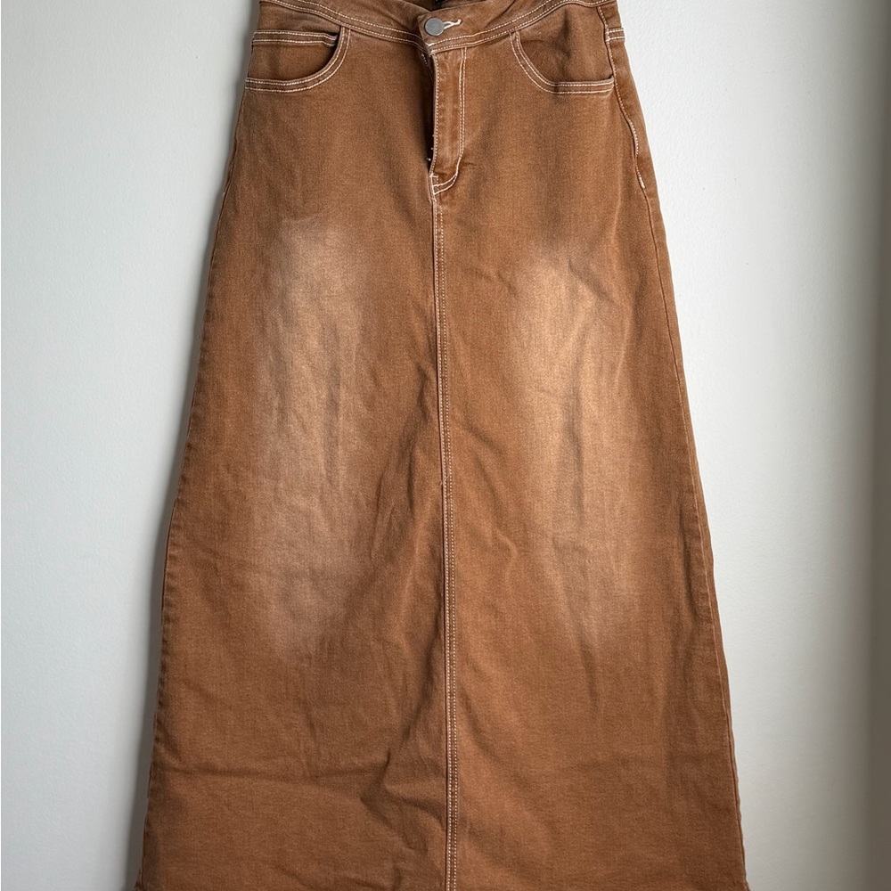 High-Waist Brown Denim Maxi Skirt